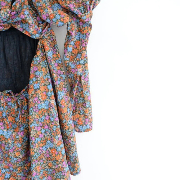 For Love & Lemons Brittany Mini Floral Revolve Dress 100% Cotton Puff Shoulder M - Picture 11 of 15